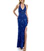 Color:Blue - Image 1 - Halter Deep V-Neck Sleeveless Sequin Long Skirt Tail Dress
