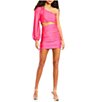 Color:Bright Fuchsia - Image 1 - One-Shoulder Long Sleeve Cut Out Waist Drawstring Side Dress