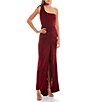 Color:Burgundy - Image 1 - One-Shoulder Ruched Drawstring Detail Long Slit Hem Sheath Dress