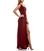 Color:Burgundy - Image 3 - One-Shoulder Ruched Drawstring Detail Long Slit Hem Sheath Dress