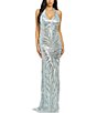 Color:Aqua/Silver - Image 1 - Pattern Sequin Halter V-Neck Long Gown