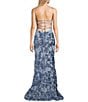 Color:Periwinkle - Image 2 - Placement Sequin Scoop Neckline Spaghetti Strap Lace Up Back Long Dress