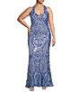 Color:Periwinkle/Holographic - Image 1 - Plus Halter Neck Pattern Sequin Long Dress