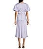 Color:Lilac - Image 2 - Satin Short Puff Sleeve V-Neck Midi Dress