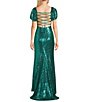 Color:Jade - Image 2 - Sequin Mesh Sweetheart Neck Short Puff Sleeve Lace Up Back Long Dress
