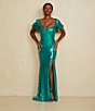 Color:Jade - Image 5 - Sequin Mesh Sweetheart Neck Short Puff Sleeve Lace Up Back Long Dress