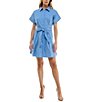 Color:Chambray - Image 1 - Short Sleeve Tie Front Collared Dress