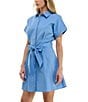 Color:Chambray - Image 4 - Short Sleeve Tie Front Collared Dress