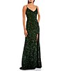 Color:Hunter - Image 3 - Velvet Embroidered Sequin Front Slit Long Dress