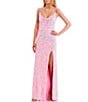 Color:Pink/Iridescent - Image 3 - Velvet Embroidered Sequin Front Slit Long Dress