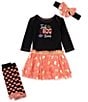 Color:Orange - Image 1 - Baby Girls 3-12 Months Long Sleeve Fab Boo Lous Graphic Bodysuit Dotted Tutu Skirt & Dotted Leg Warmers Set