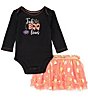 Color:Orange - Image 2 - Baby Girls 3-12 Months Long Sleeve Fab Boo Lous Graphic Bodysuit Dotted Tutu Skirt & Dotted Leg Warmers Set