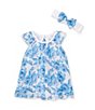 Color:White/Blue - Image 1 - Baby Girls 3-9 Months Flutter-Sleeve Floral-Printed A-Line Bodysuit Dress