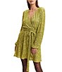 Color:Lime - Image 4 - Bellissa Sequin V-Neck Long Sleeve Tie Front Wrap Mini Dress