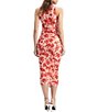 Color:Red Floral - Image 2 - Stretch Floral Mesh Halter Neck Sleeveless Ruched Bodycon Midi Dress
