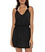 Color:Black - Image 1 - Breezy Basics Slub Knit Smocked Blouson Waist Cover-Up Dress