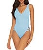 Color:Ice Blue - Image 1 - Modern Edge Sophie Rib Texture Plunge Back V-Neck Cutout One Piece Swimsuit