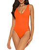 Color:Carrot - Image 1 - Modern Edge Sophie Rib Texture Plunge Back V-Neck Cutout One Piece Swimsuit