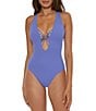 Color:Cornflower - Image 1 - Modern Edge Strappy Textured Rib Plunge One Piece Swimsuit