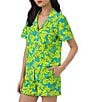 Color:Trina Palm Leaves - Image 3 - Palm Print Knit Short Sleeve Notch Collar Shorty Pajama Set