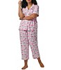 Color:Flamingo Bay - Image 1 - Plus Size Short Sleeve Notch Collar Jersey Knit Flamingo Print Cropped Pajama Set