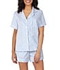 Color:Blue - Image 1 - Striped Print Notch Collar Woven Sateen Shorty Pajama Set