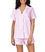 Color:Pink - Image 1 - Striped Print Notch Collar Woven Sateen Shorty Pajama Set