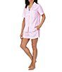 Color:Pink - Image 3 - Striped Print Notch Collar Woven Sateen Shorty Pajama Set