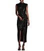 Color:Black - Image 1 - Isla Sequin Mock Neck Cap Sleeve Front Slit Midi Dress