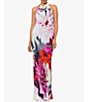 Color:Fuchsia/Blush - Image 1 - Chiffon Floral Print Cowl Halter Neck Sleeveless Dress