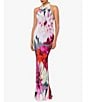 Color:Fuchsia/Blush - Image 3 - Chiffon Floral Print Cowl Halter Neck Sleeveless Dress