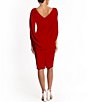 Color:Red - Image 2 - Drape Back Detail 3/4 Sleeve Ruched Front Stretch Sheath Dress
