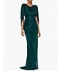 Color:Jade - Image 1 - Drape Back Detail 3/4 Cape Sleeve Draped Round Neck Metallic Crinkle Ruched Sheath Gown