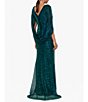 Color:Jade - Image 2 - Drape Back Detail 3/4 Cape Sleeve Draped Round Neck Metallic Crinkle Ruched Sheath Gown