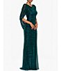 Color:Jade - Image 3 - Drape Back Detail 3/4 Cape Sleeve Draped Round Neck Metallic Crinkle Ruched Sheath Gown