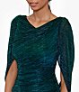 Color:Jade - Image 4 - Drape Back Detail 3/4 Cape Sleeve Draped Round Neck Metallic Crinkle Ruched Sheath Gown