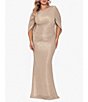 Color:Gold/Silver - Image 1 - Plus Size Draped Back 3/4 Cape Sleeve Round Neck Metallic Crinkled Ruched Sheath Gown