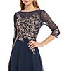 Color:Navy/Rose - Image 3 - Embroidered Bodice Boat Neck 3/4 Sleeve Chiffon Gown