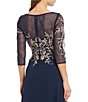 Color:Navy/Rose - Image 4 - Embroidered Bodice Boat Neck 3/4 Sleeve Chiffon Gown