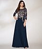 Color:Navy/Rose - Image 5 - Embroidered Bodice Boat Neck 3/4 Sleeve Chiffon Gown