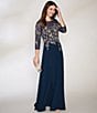 Color:Navy/Rose - Image 6 - Embroidered Bodice Boat Neck 3/4 Sleeve Chiffon Gown
