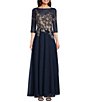 Color:Navy/Rose - Image 1 - Embroidered Bodice Boat Neck 3/4 Sleeve Chiffon Gown