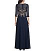 Color:Navy/Rose - Image 2 - Embroidered Bodice Boat Neck 3/4 Sleeve Chiffon Gown