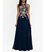 Color:Navy/Gold - Image 1 - Halter Neck Floral Embroidered Sleeveless Chiffon Gown