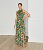 Color:Green Floral - Image 6 - Halter Neck Sleeveless Ruffle Front Floral Chiffon Maxi Dress