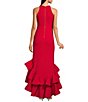 Color:Red - Image 2 - Round Neck Sleeveless Ruffle High-Low Stretch Crepe Gown