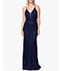 Color:Navy - Image 1 - Illusion V Neck Sequined Column Gown