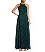 Color:Jade - Image 1 - Metallic Crinkle Halter Neck Sleeveless Gown