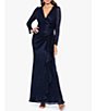 Color:Navy/Royal - Image 1 - Metallic Knit Surplice V-Neck Long Sleeve Side Ruffle Gown