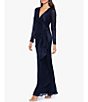 Color:Navy/Royal - Image 3 - Metallic Knit Surplice V-Neck Long Sleeve Side Ruffle Gown